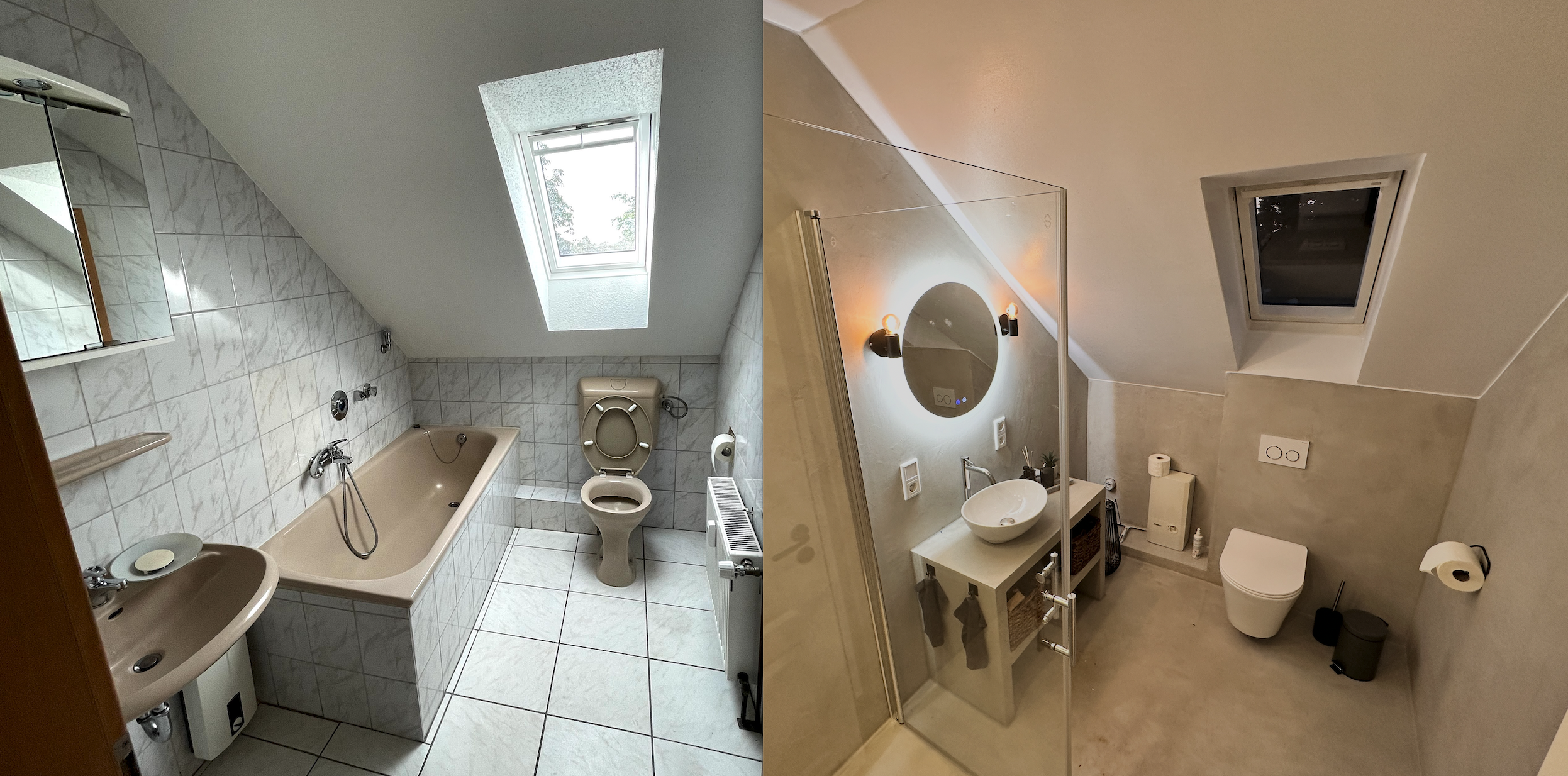 Vorher-Nachher Badsanierung Beispiel 1 — kompletter Umbau eines Badezimmers durch JiMs Bau in Dinslaken